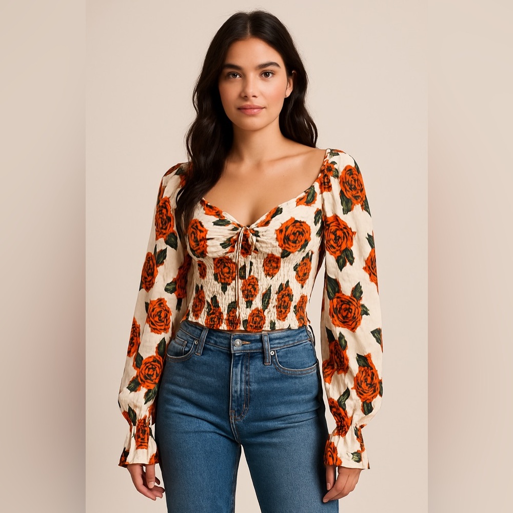Off Shoulder Urban Outfitters Floral Puff Sleeve Top - Red Roses